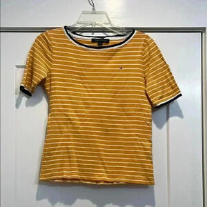 Tommy Hilfiger gold and white striped tee with navy blue trim size S/P.